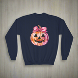 Cute Disco Ball Pumpkin Youth Sweatshirt With Coquette Bow