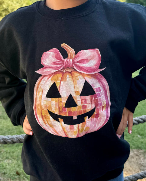 Cute Disco Ball Pumpkin Youth Sweatshirt With Coquette Bow