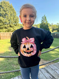 Cute Disco Ball Pumpkin Youth Sweatshirt With Coquette Bow