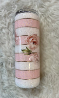 Pink and White Stripes with Peonies 20 oz skinny